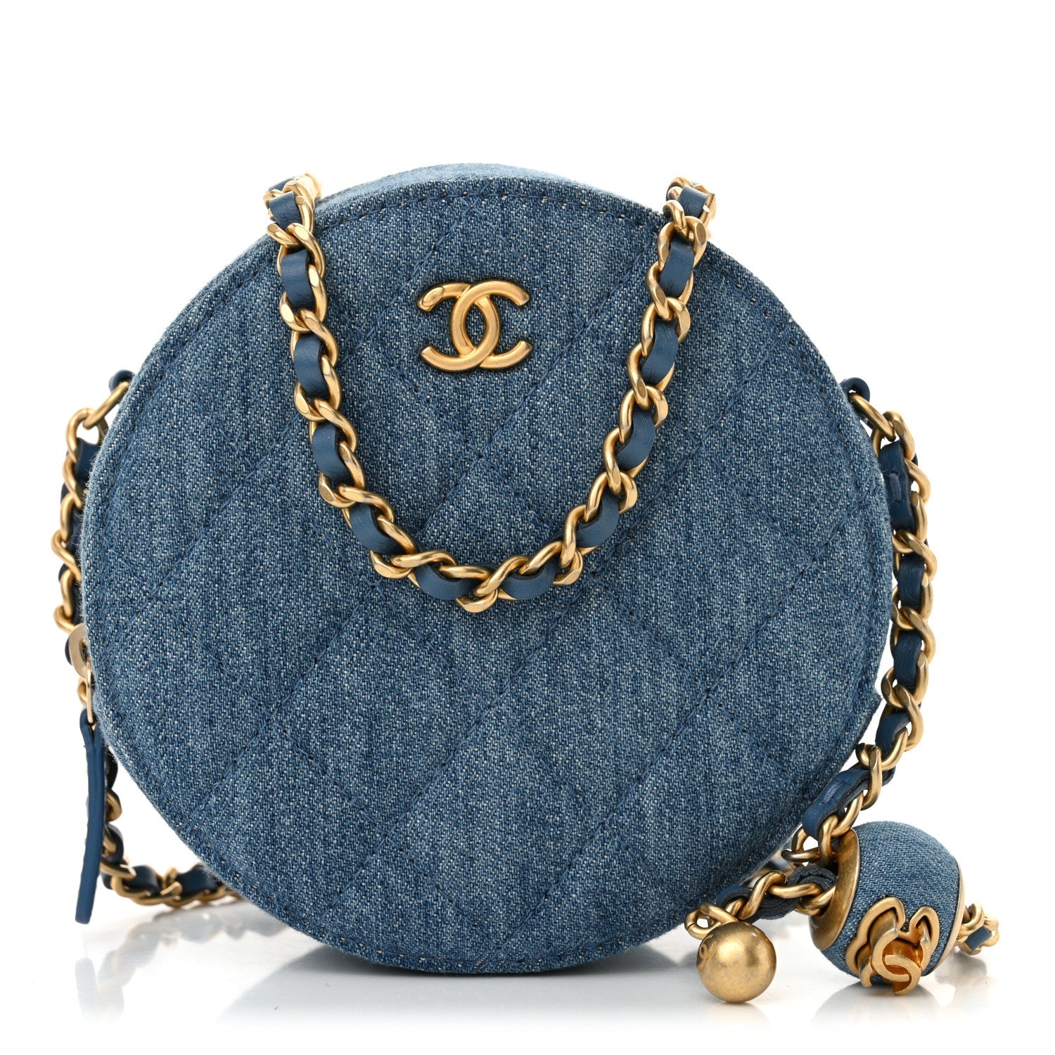 Denim Quilted Round Pearl Crush Clutch With Chain Blue