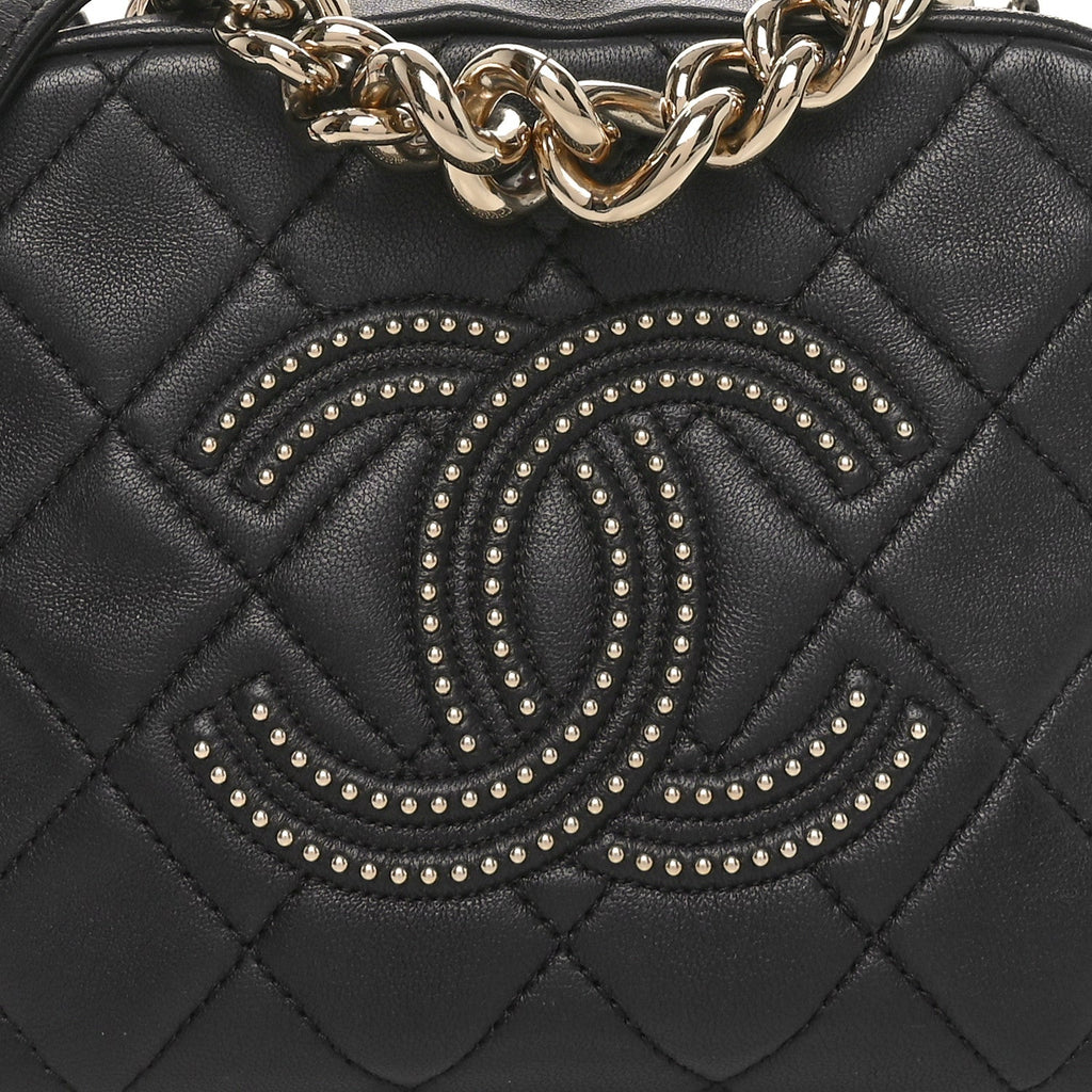 Lambskin Quilted Studded Quilted Vanity Case With Chain Black