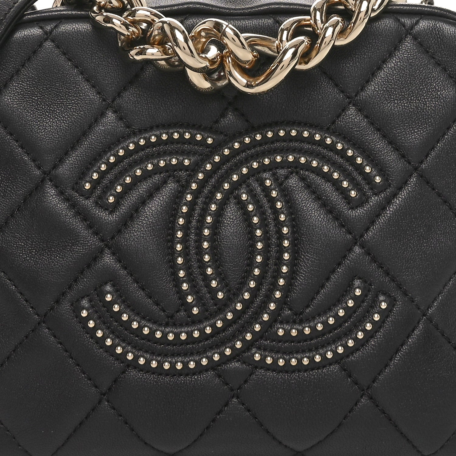 Lambskin Quilted Studded Quilted Vanity Case With Chain Black