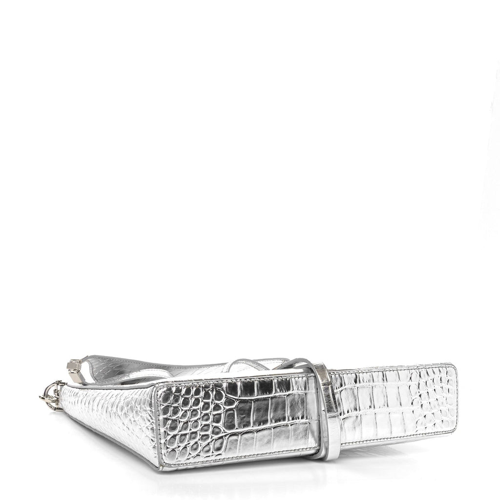 Metallic Calfskin Croc Embossed Small Cut Out Shoulder Bag Silver