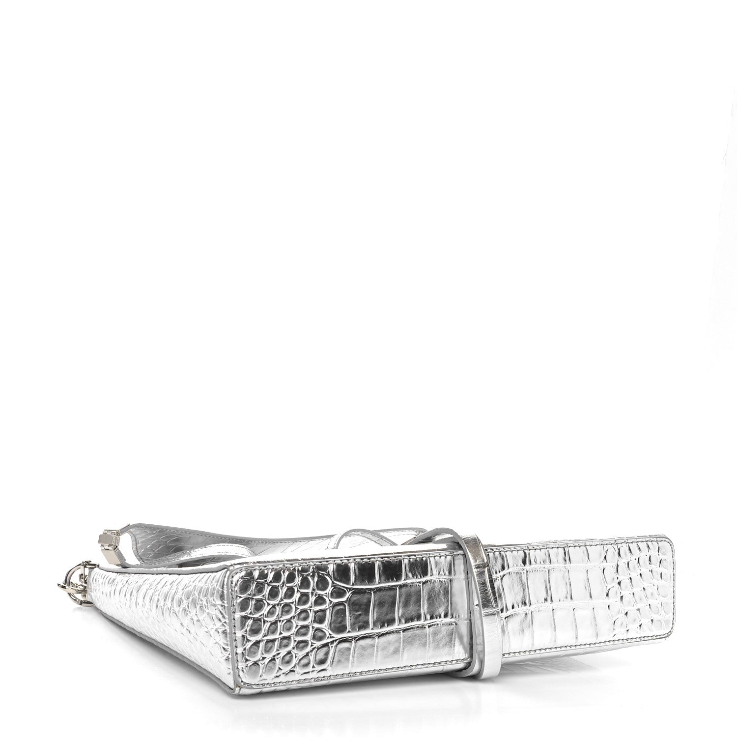 Metallic Calfskin Croc Embossed Small Cut Out Shoulder Bag Silver