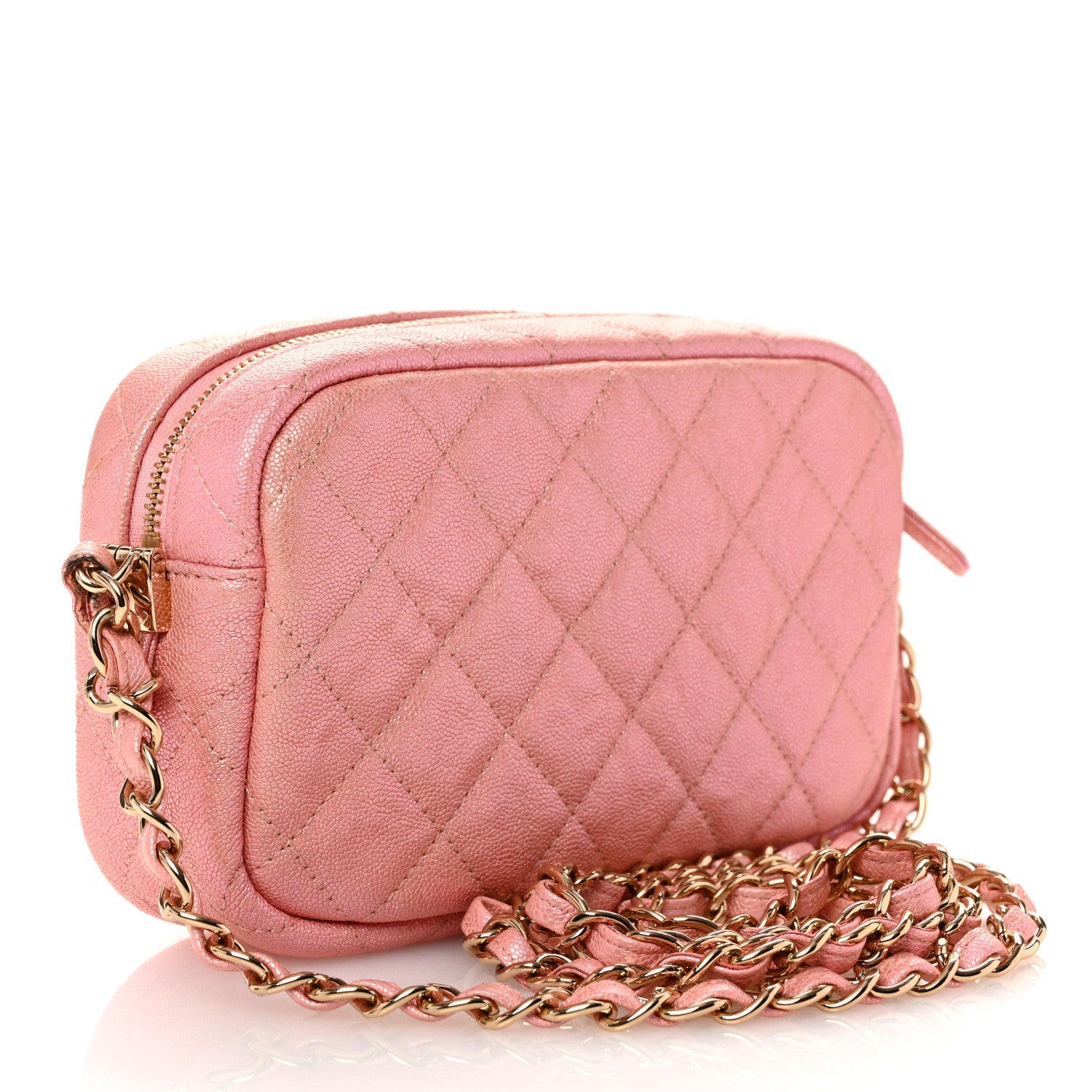 Iridescent Caviar Quilted Small Timeless Camera Case Pink