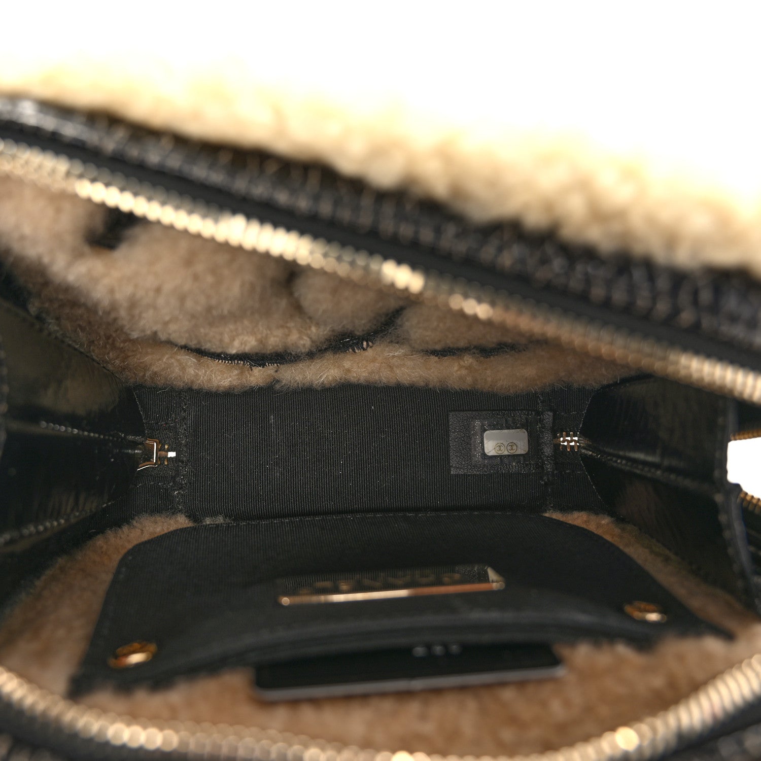 Shiny Crumpled Sheepskin Shearling Waist Bag Black Beige