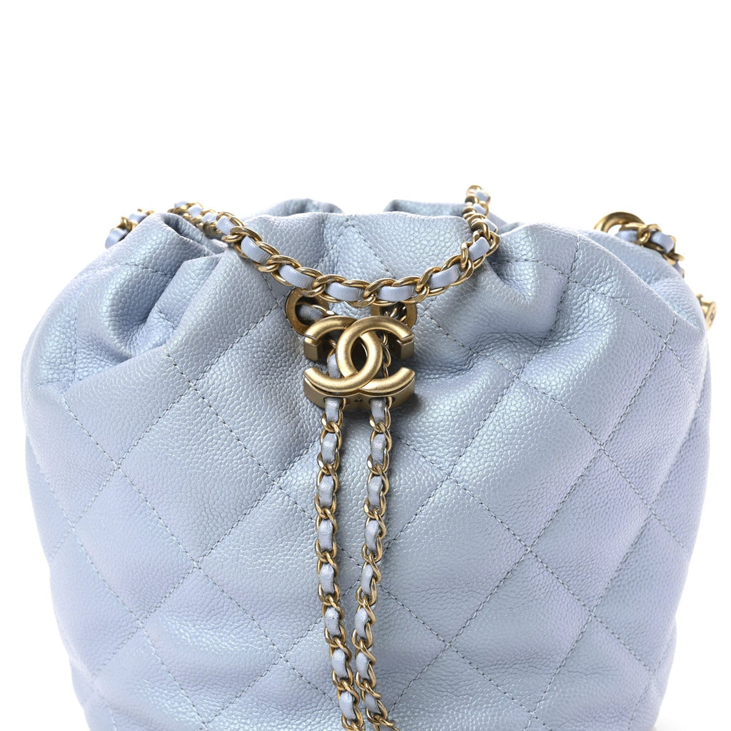 Iridescent Caviar Quilted My Perfect CC Bucket Drawstring Bag Light Blue