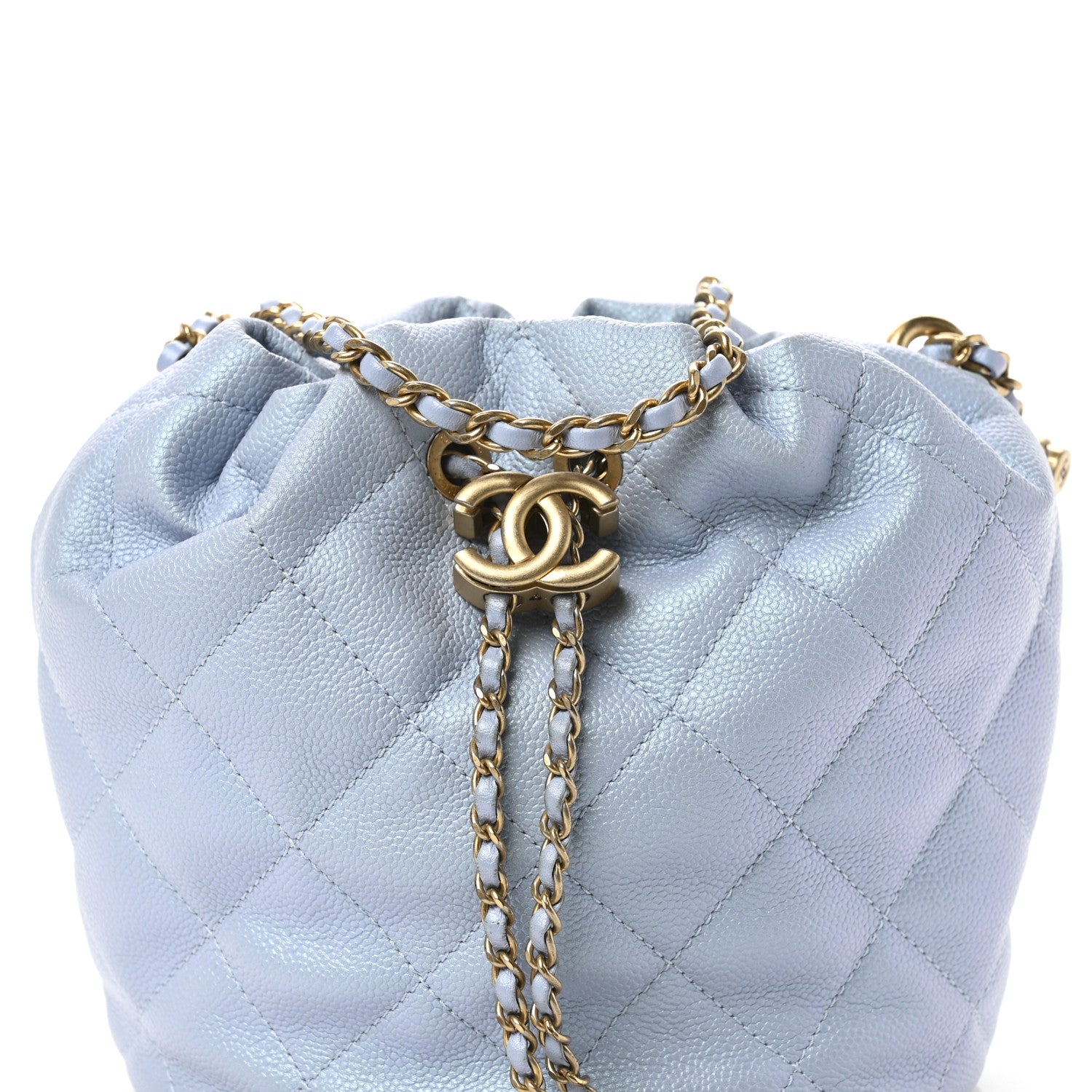 Iridescent Caviar Quilted My Perfect CC Bucket Drawstring Bag Light Blue