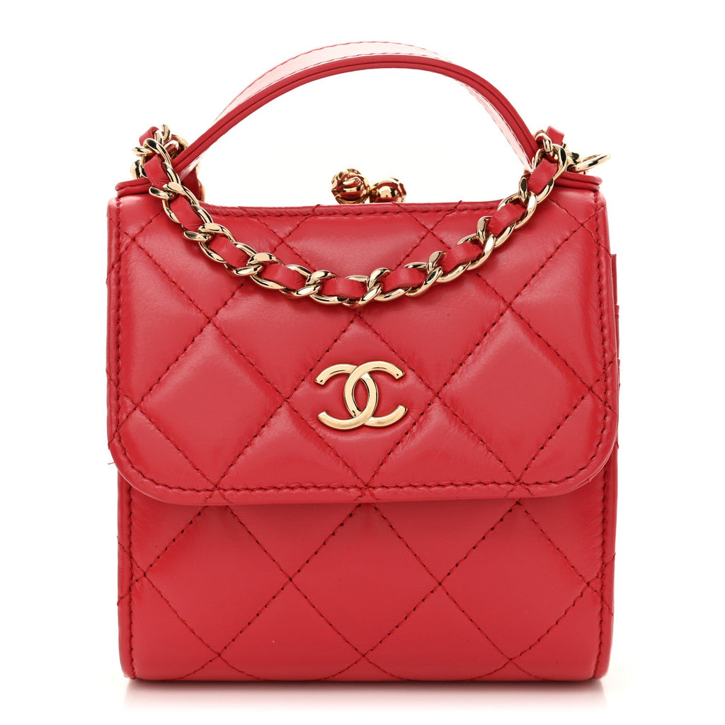 Shiny Calfskin Quilted Clutch With Chain Red
