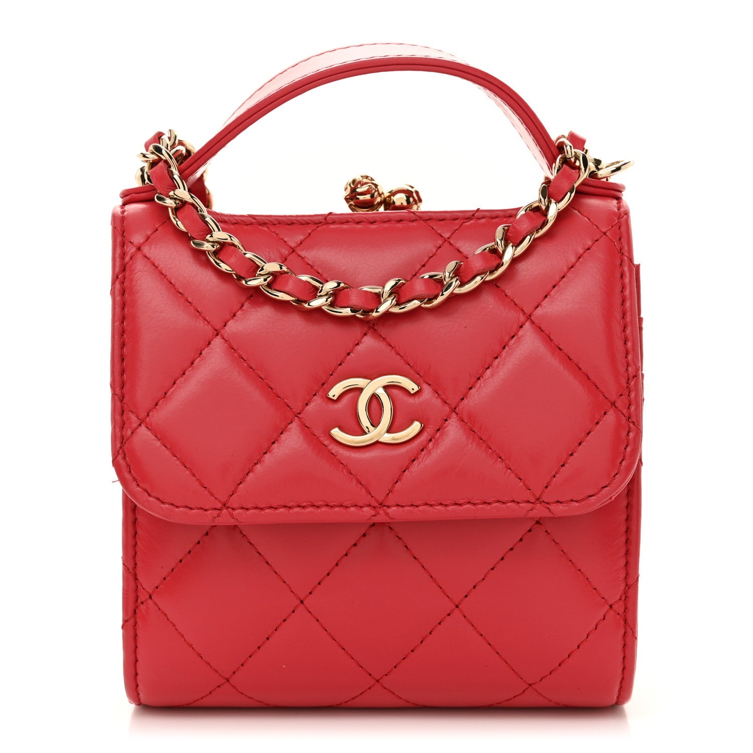 Shiny Calfskin Quilted Clutch With Chain Red