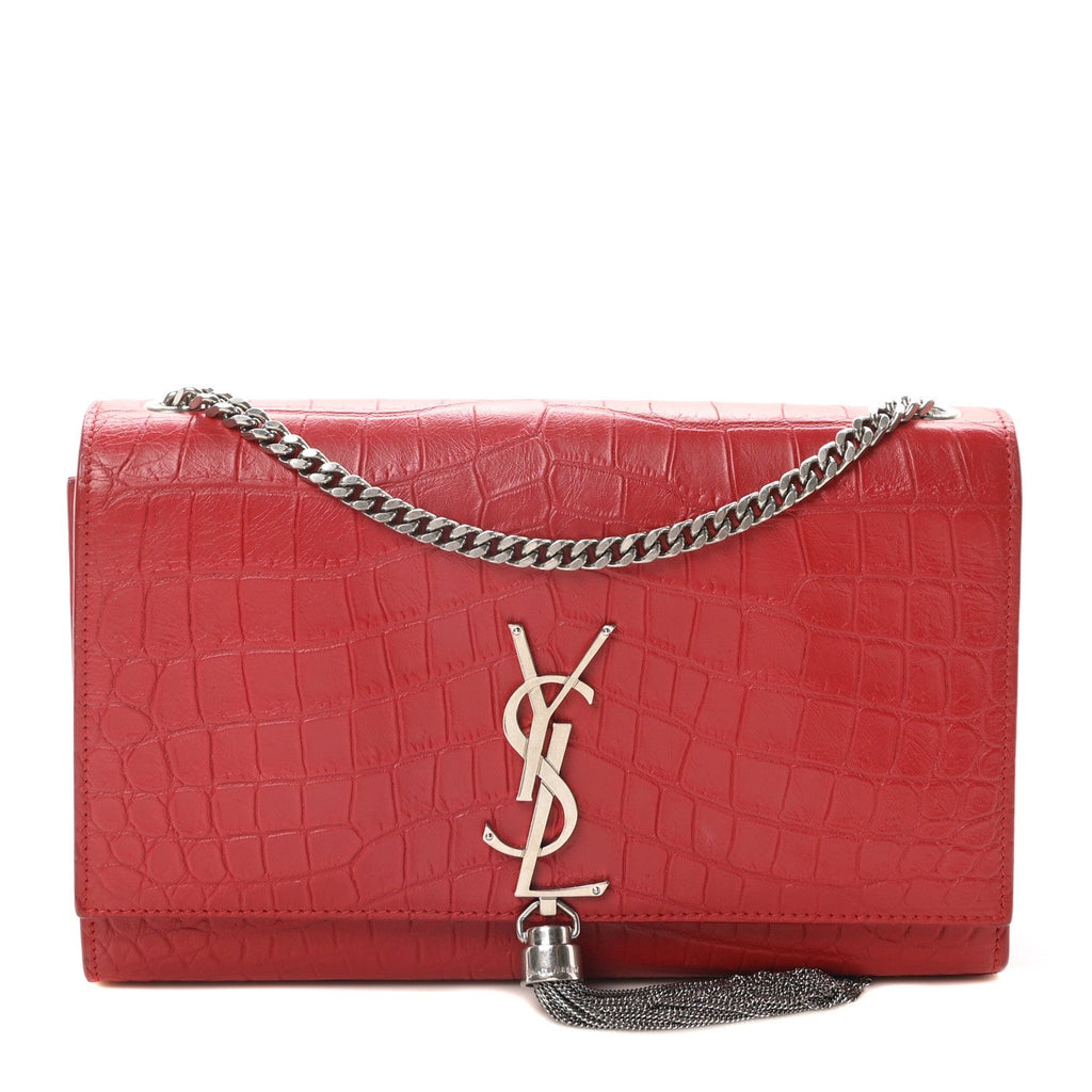 Calfskin Crocodile Embossed Medium Classic Monogram Kate Tassel Satchel New Red
