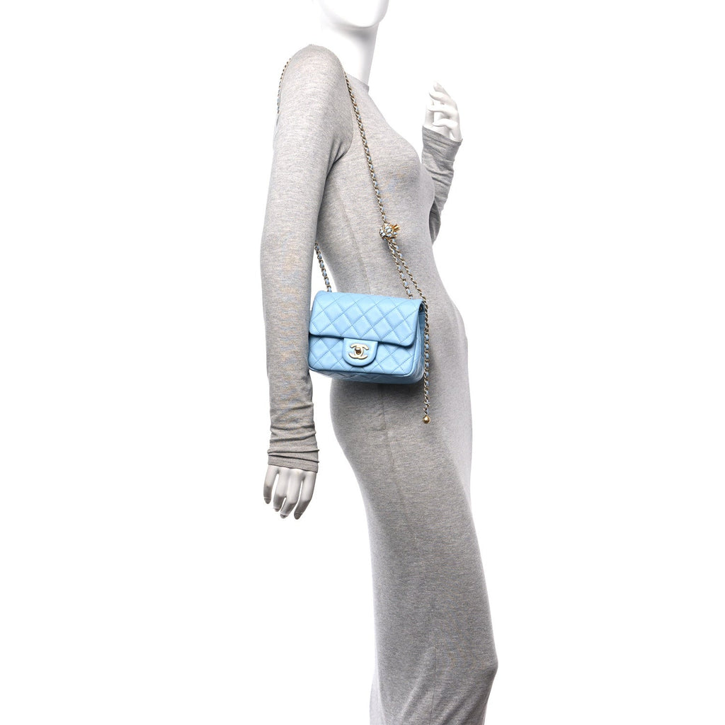 Lambskin Quilted Mini Pearl Crush Flap Light Blue
