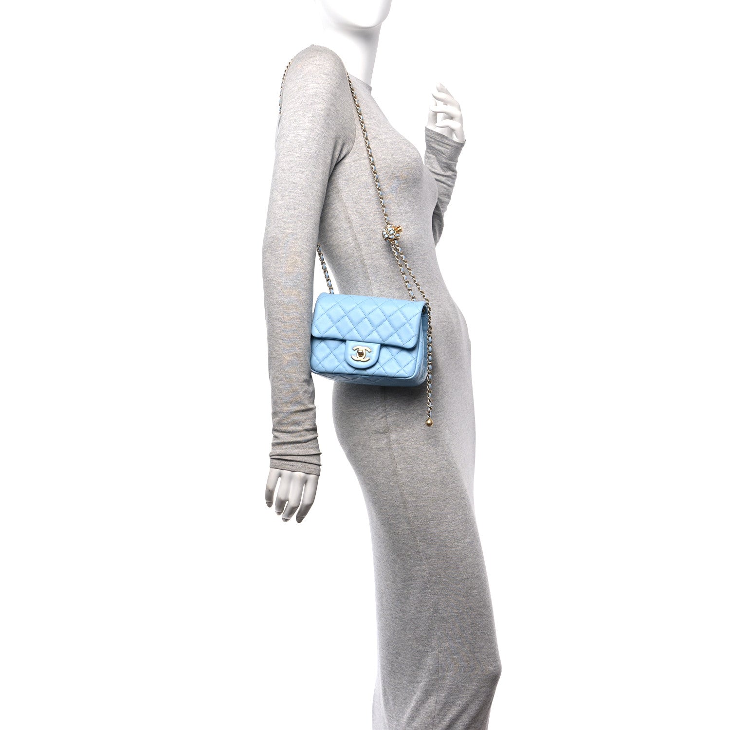 Lambskin Quilted Mini Pearl Crush Flap Light Blue