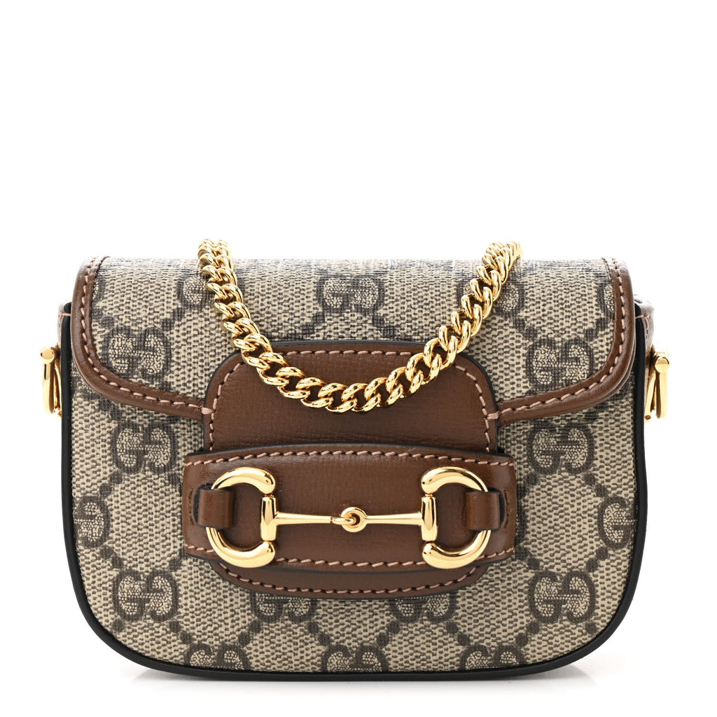 GG Supreme Monogram Azalea Calfskin Web Horsebit 1955 Wallet On Strap Beige Ebony Brown Sugar
