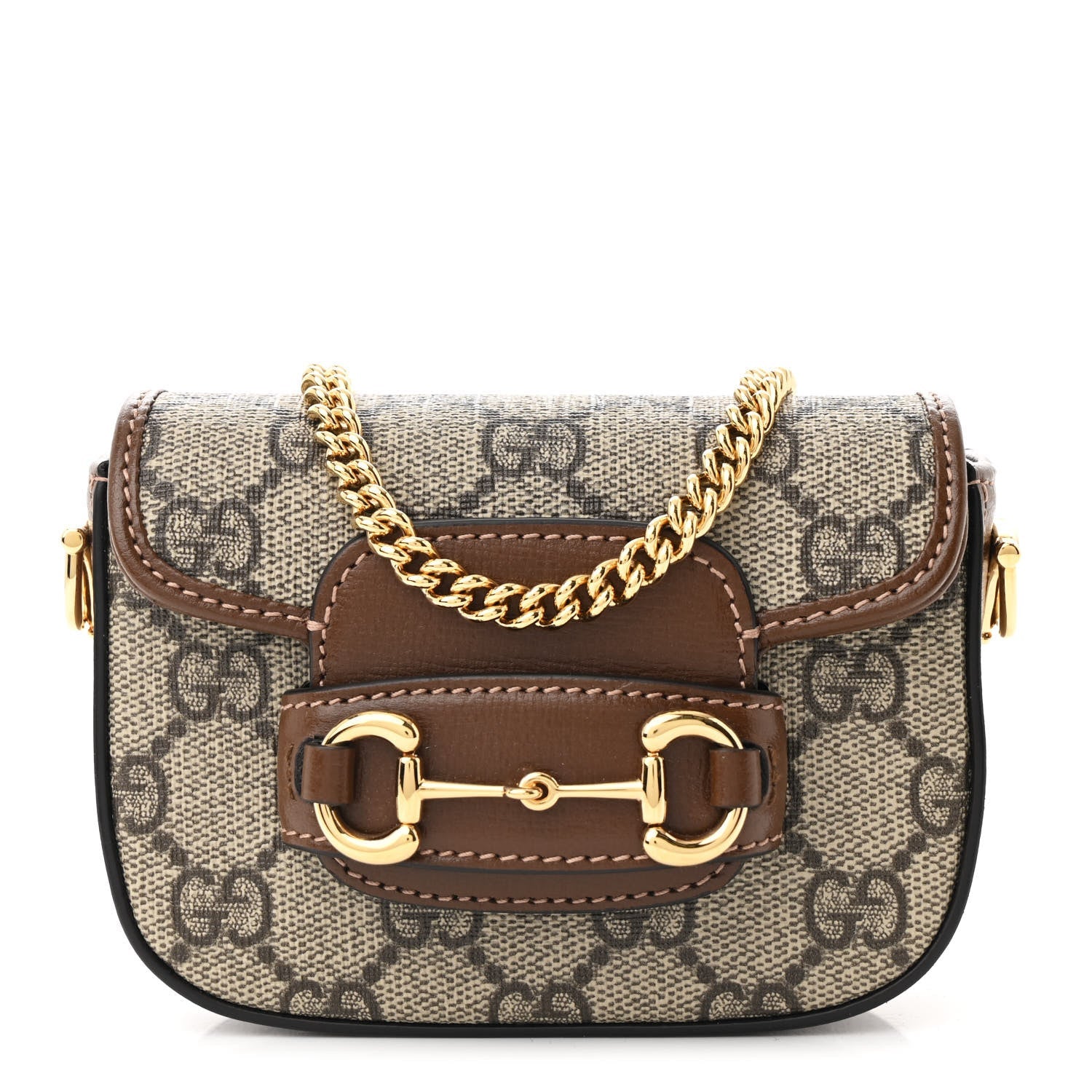 GG Supreme Monogram Azalea Calfskin Web Horsebit 1955 Wallet On Strap Beige Ebony Brown Sugar