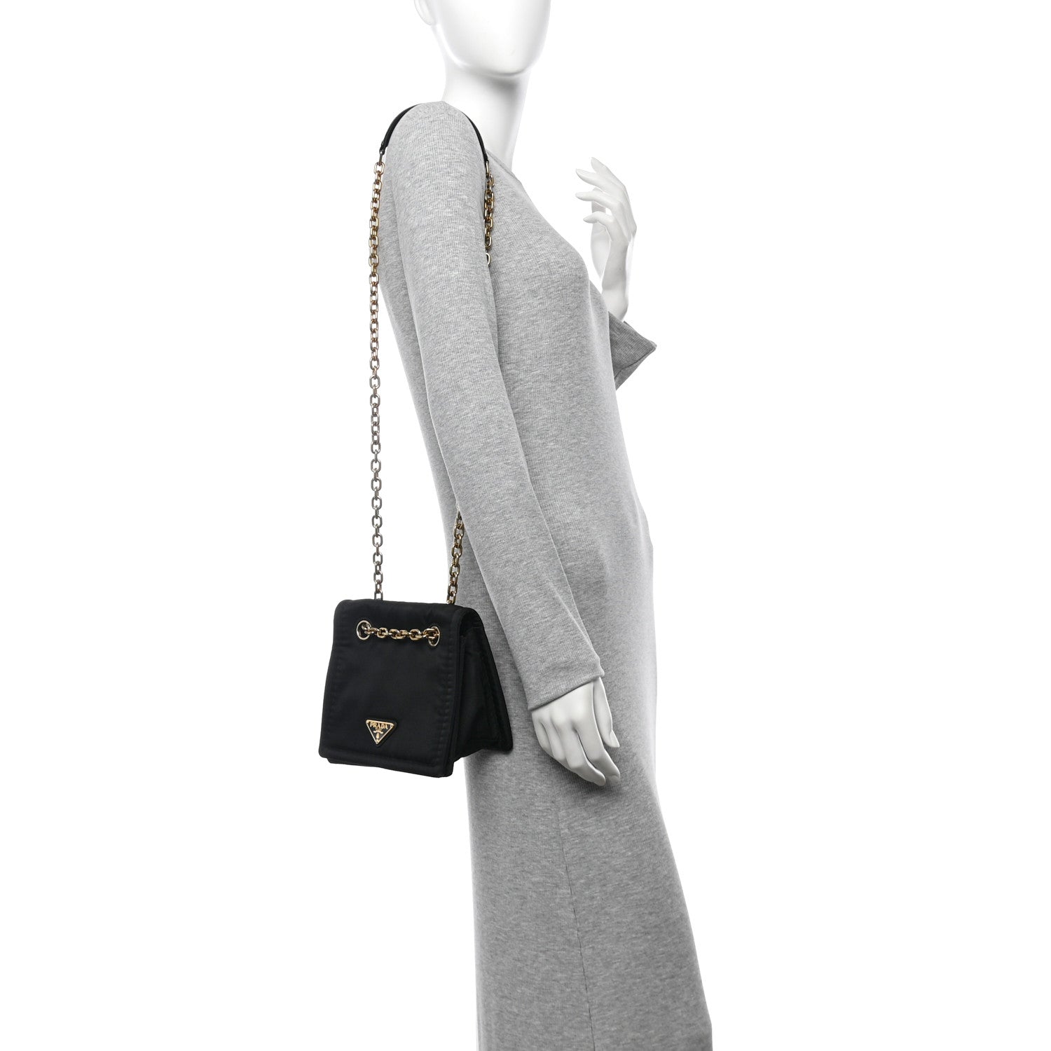 Tessuto Nylon Chain Flap Shoulder Bag Black