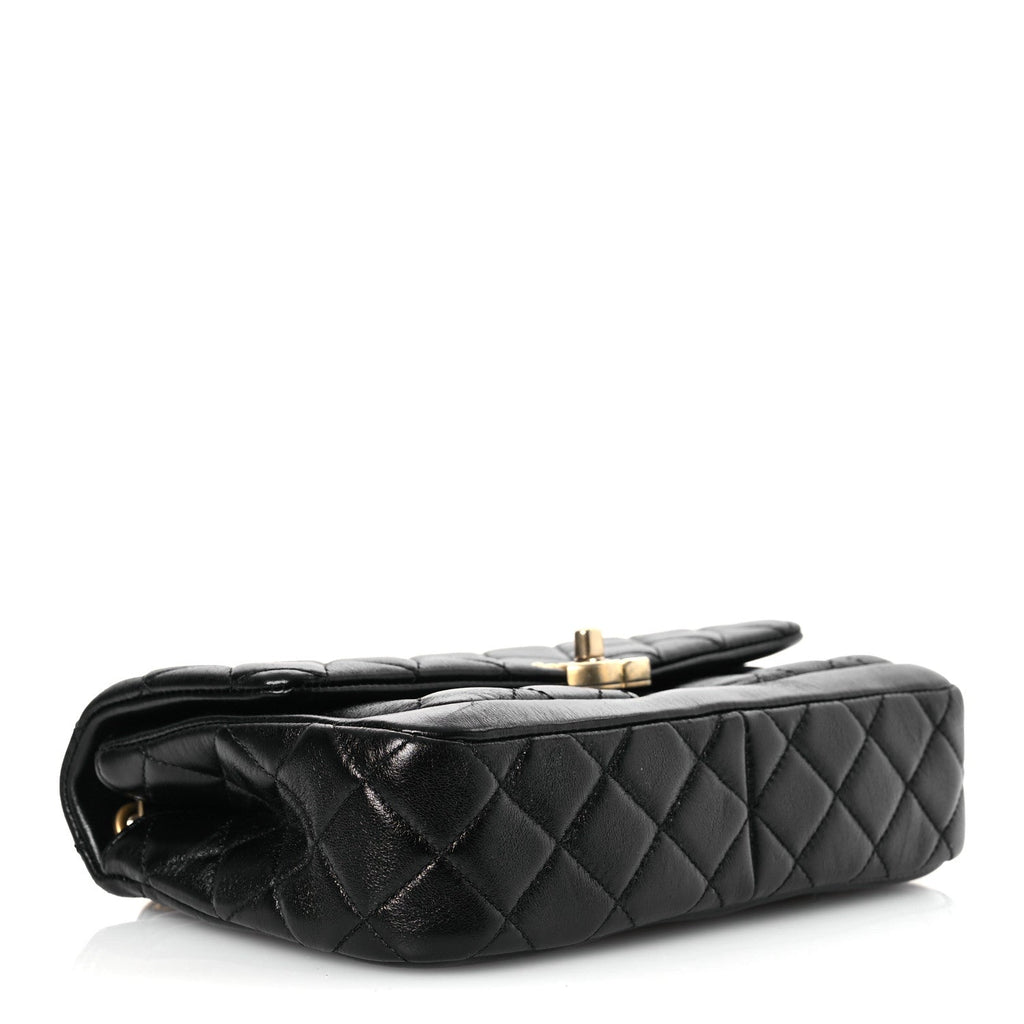Shiny Lambskin Quilted Small Daily Friend Flap Black
