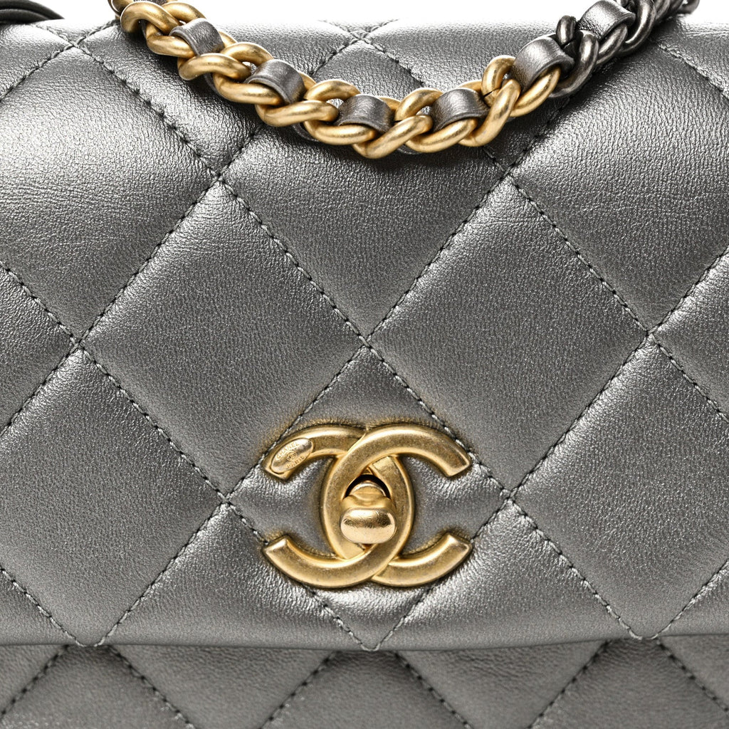 Metallic Lambskin Quilted Mini Side Note Flap Grey