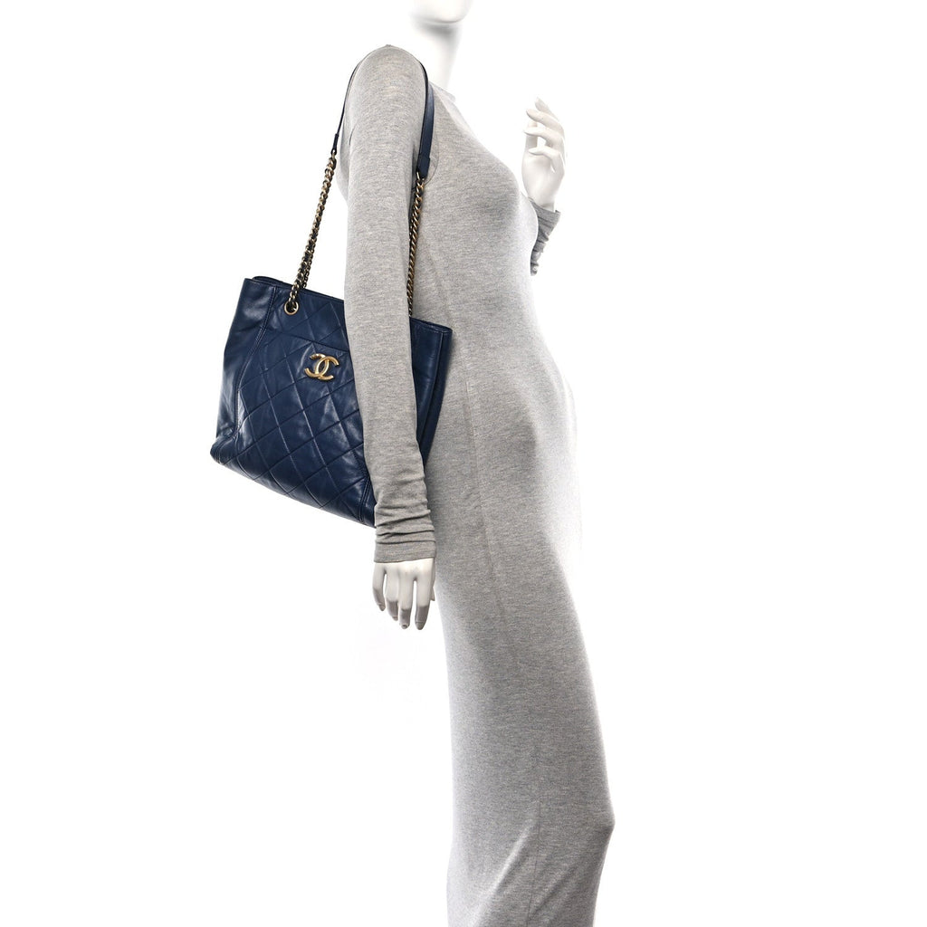 Calfskin Quilted CC Front Pocket Shopping Tote Navy