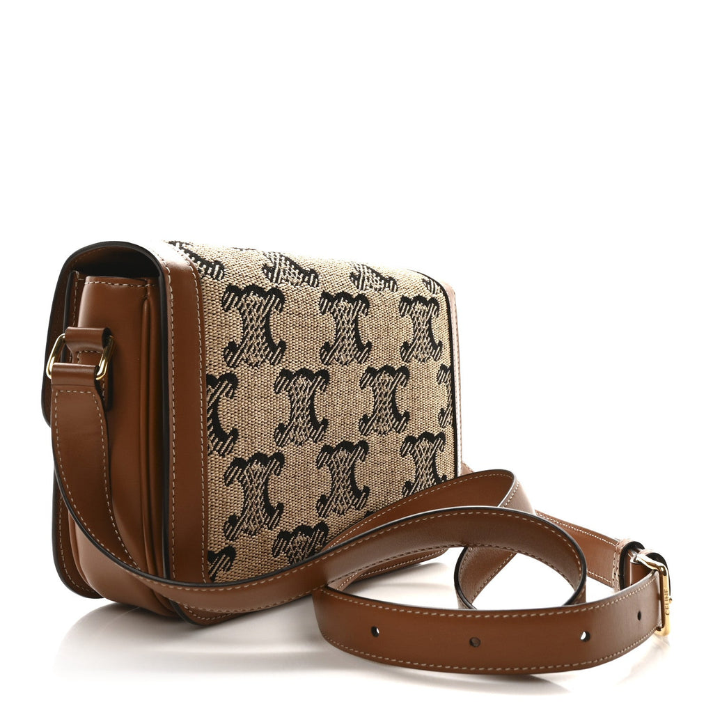 Canvas Calfskin Triomphe Embroidered Medium Triomphe Bag Tan