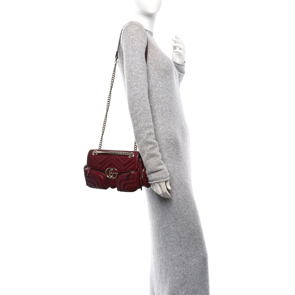 Calfskin Matelasse Small GG Marmont Multi Pocket Shoulder Bag Rosso Ancora
