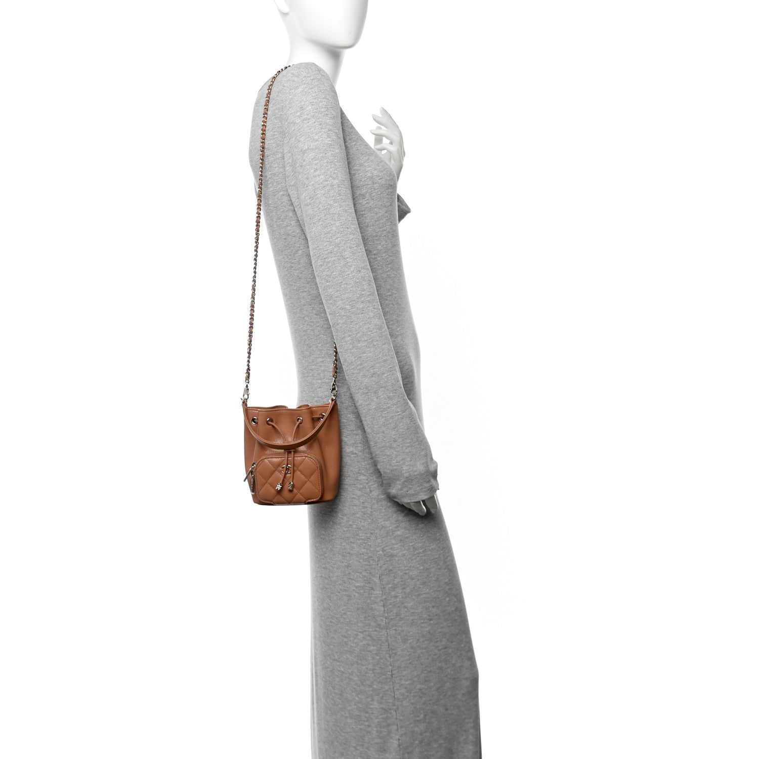Shiny Grained Calfskin Quilted Mini Clutch With Chain Brown