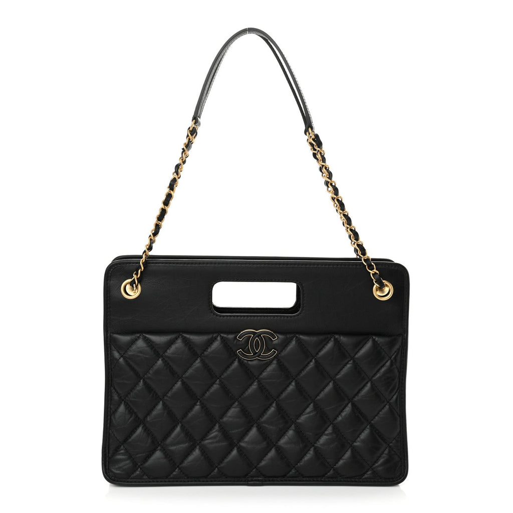 Aged Calfskin Quilted Graphic Catch Shopping Bag Black