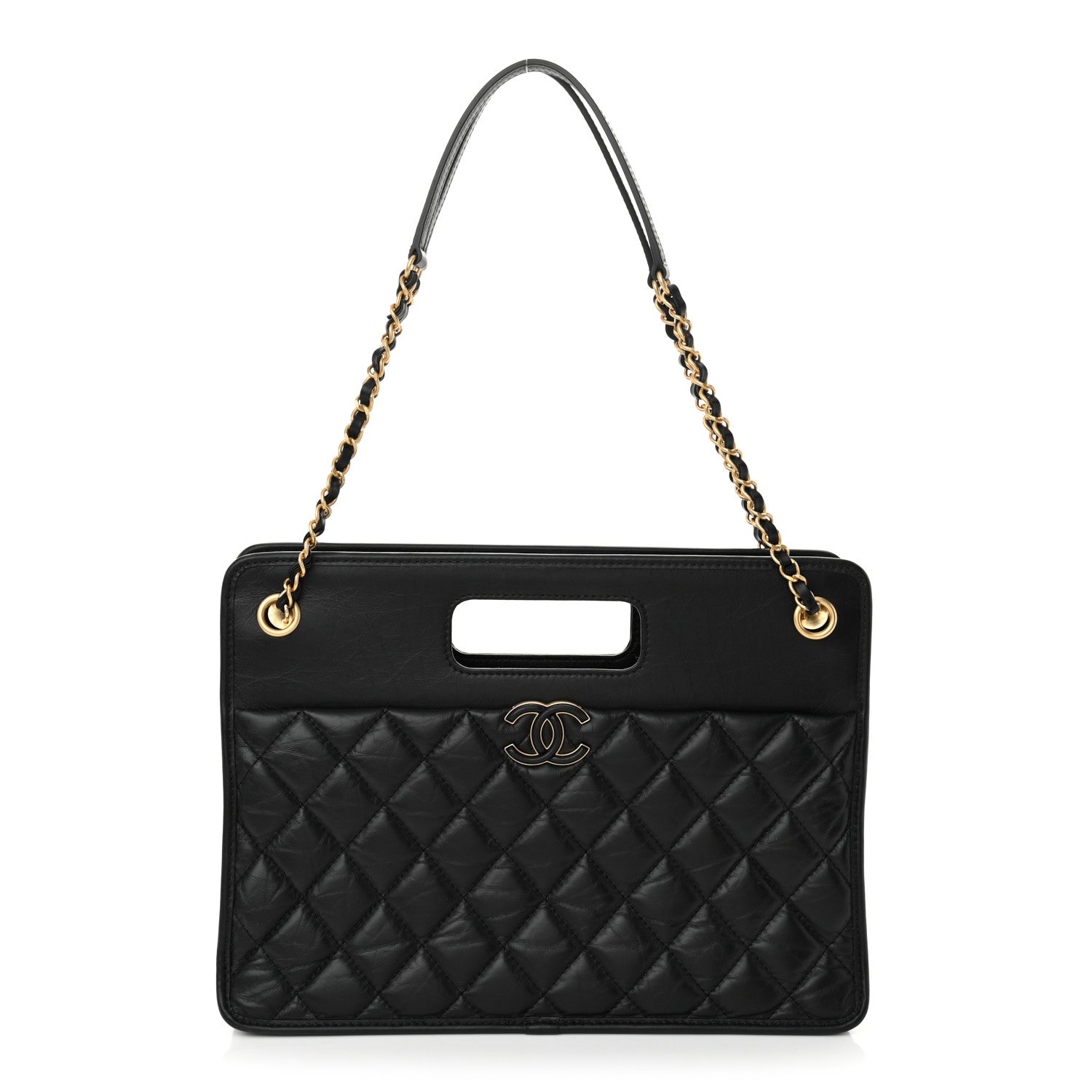 Aged Calfskin Quilted Graphic Catch Shopping Bag Black