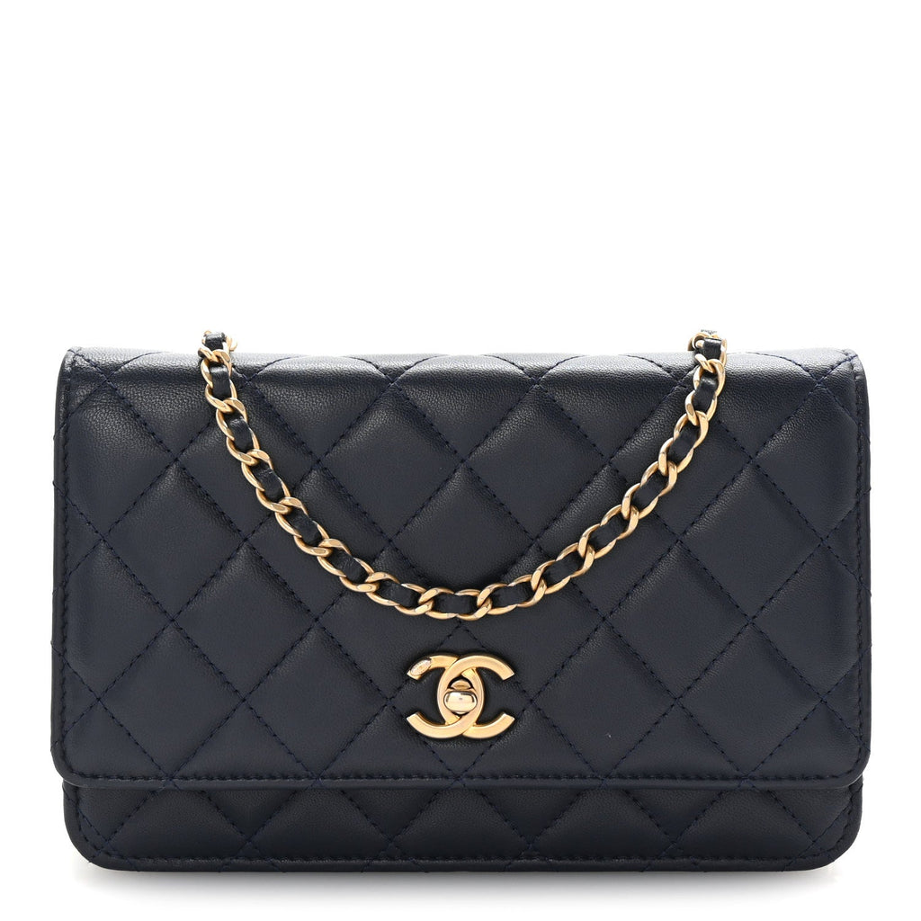 Lambskin Quilted Pearl Crush Wallet on Chain WOC Navy
