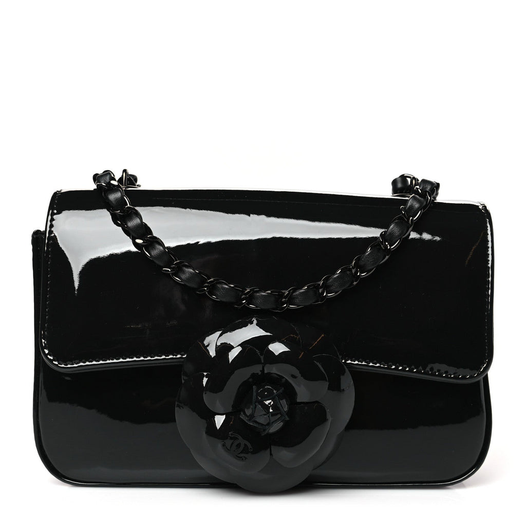 Patent Calfskin Small Camellia Flap Black
