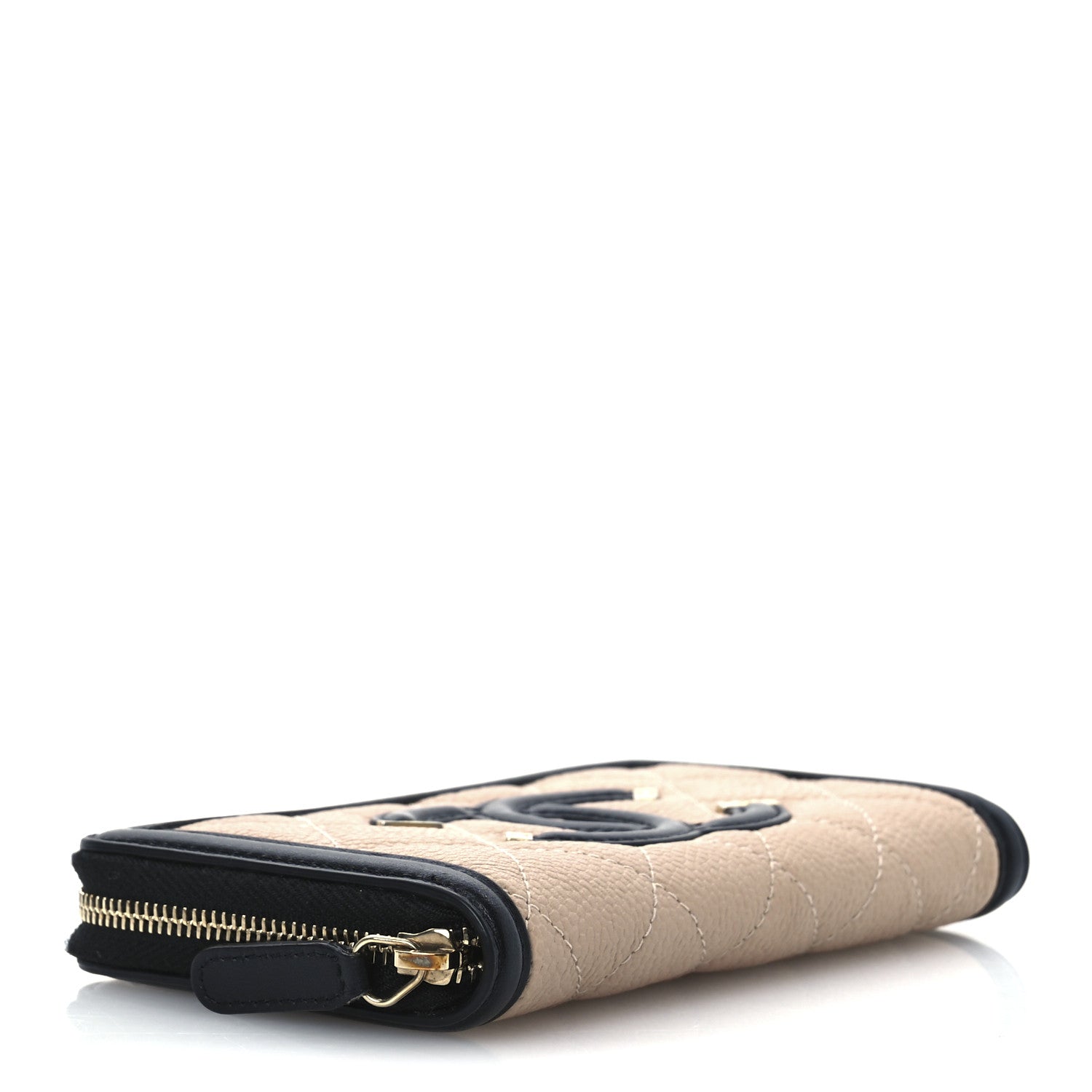 Caviar Quilted Small Filigree Zip Around Wallet Beige Black