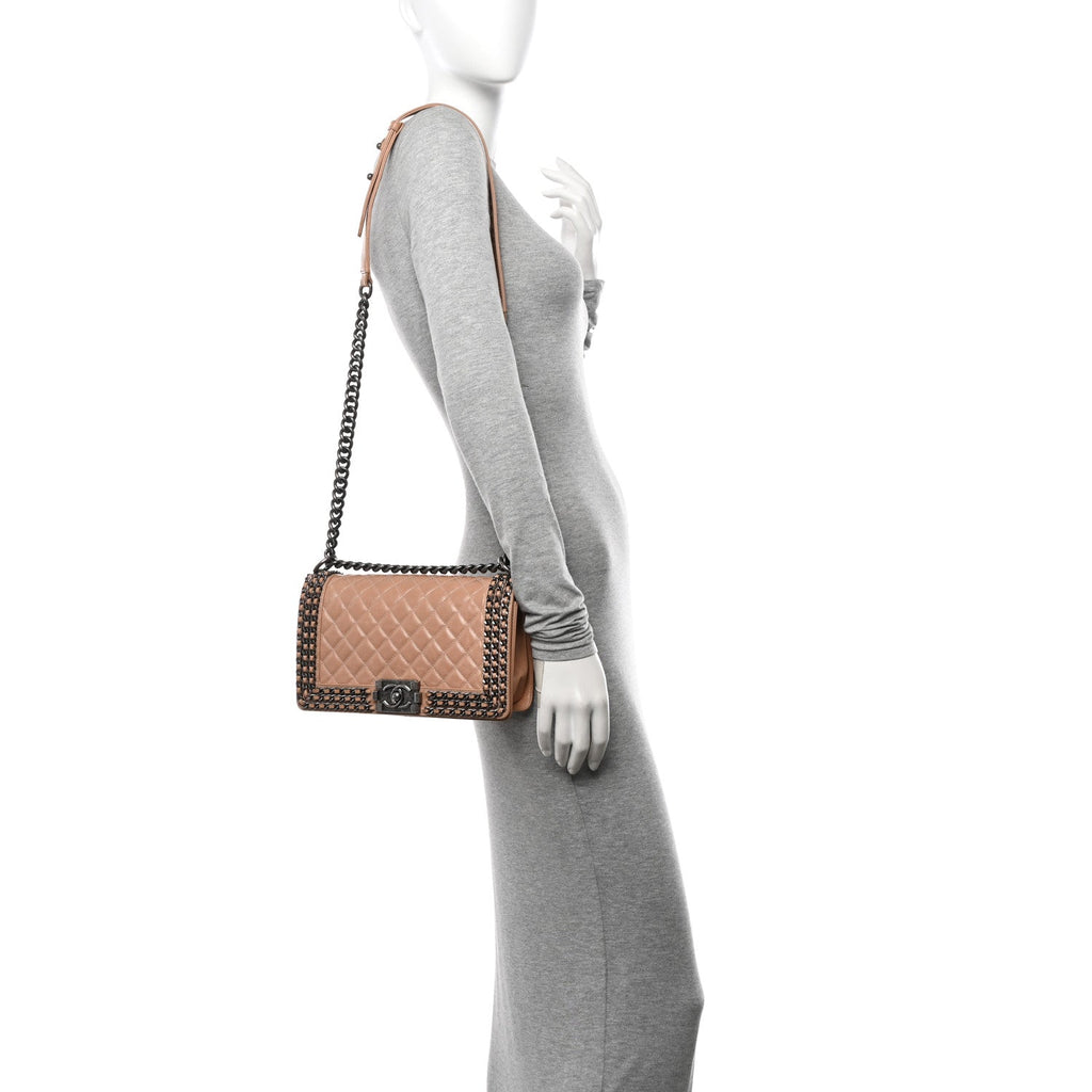 Glazed Calfskin Quilted Medium Boy Chained Flap Beige