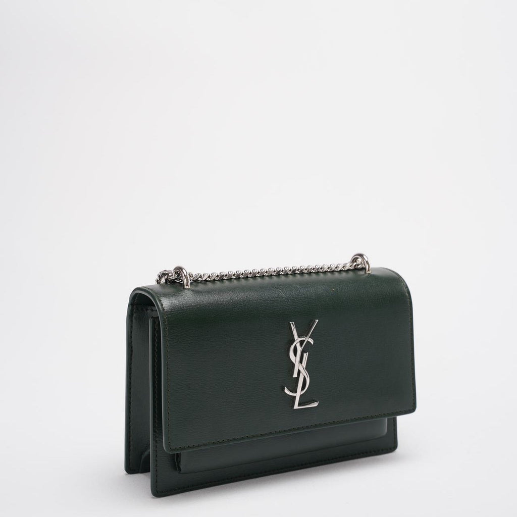 Saint Laurent Sunset Wallet on Chain Mini Olive Green with Silver Tone Hardware