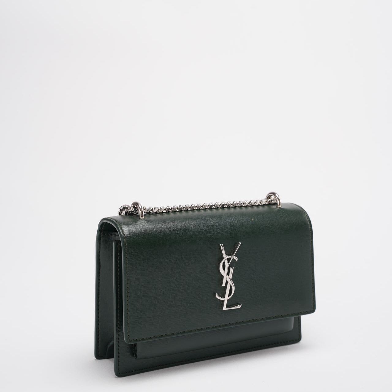 Saint Laurent Sunset Wallet on Chain Mini Olive Green with Silver Tone Hardware