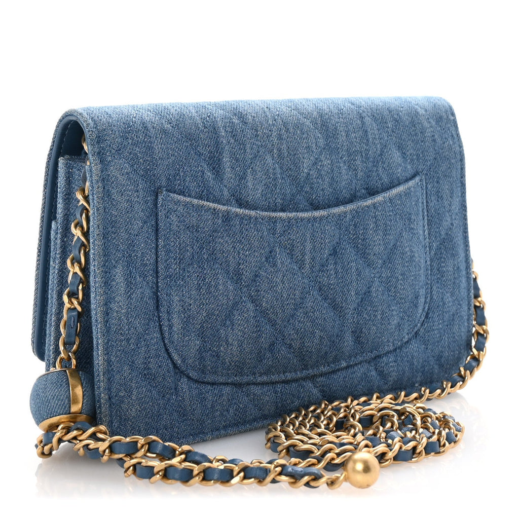 Denim Quilted CC Pearl Crush Wallet on Chain WOC Blue