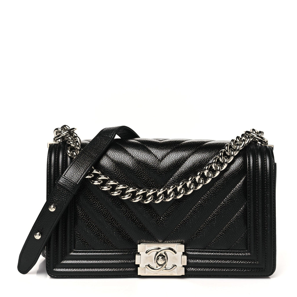 Caviar Chevron Quilted Medium Boy Flap Black
