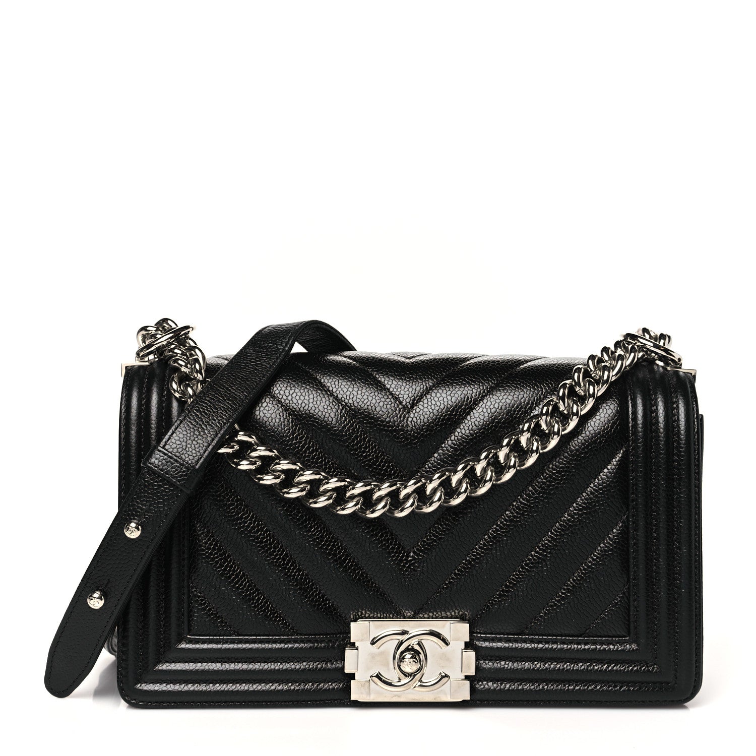 Caviar Chevron Quilted Medium Boy Flap Black