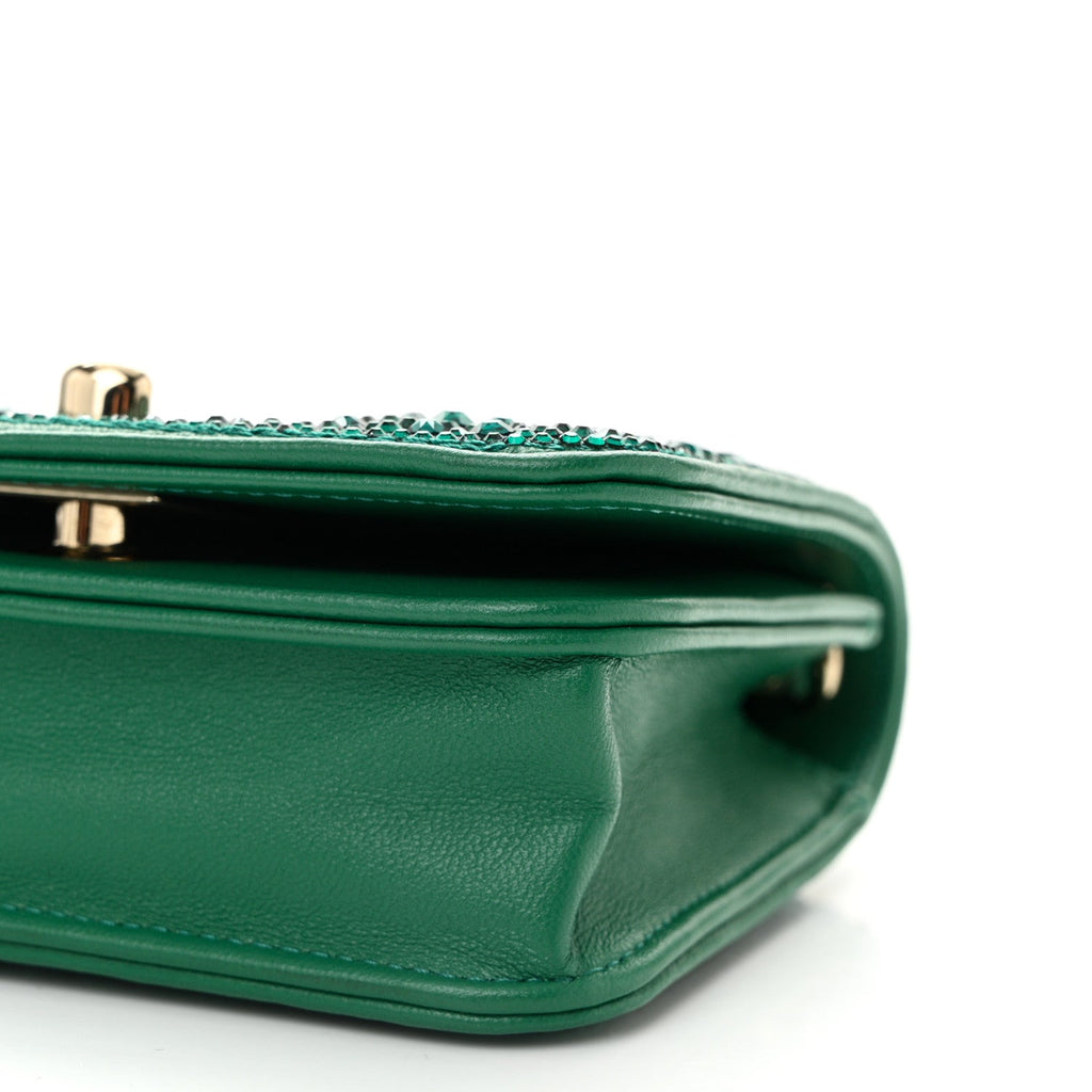 Lambskin Crystal Diamante Clutch With Chain Green