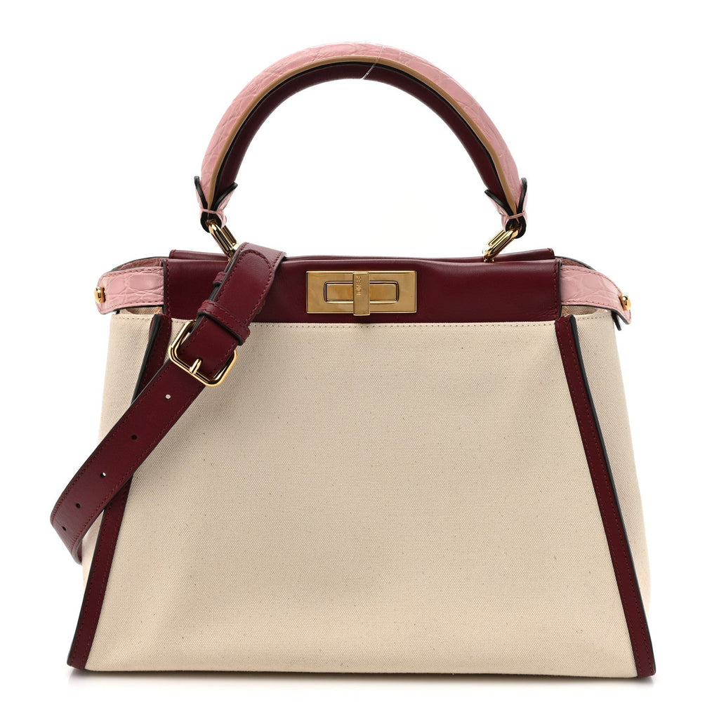 Canvas Calfskin Crocodile Embossed Medium Peekaboo Iconic Satchel Grezzo Barolo Bubblegum