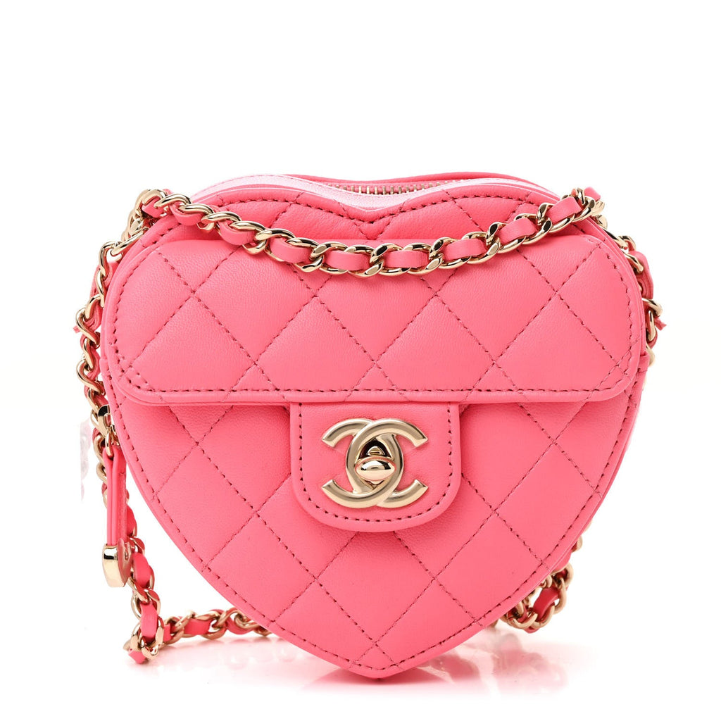 Lambskin Quilted CC In Love Heart Clutch With Chain Pink