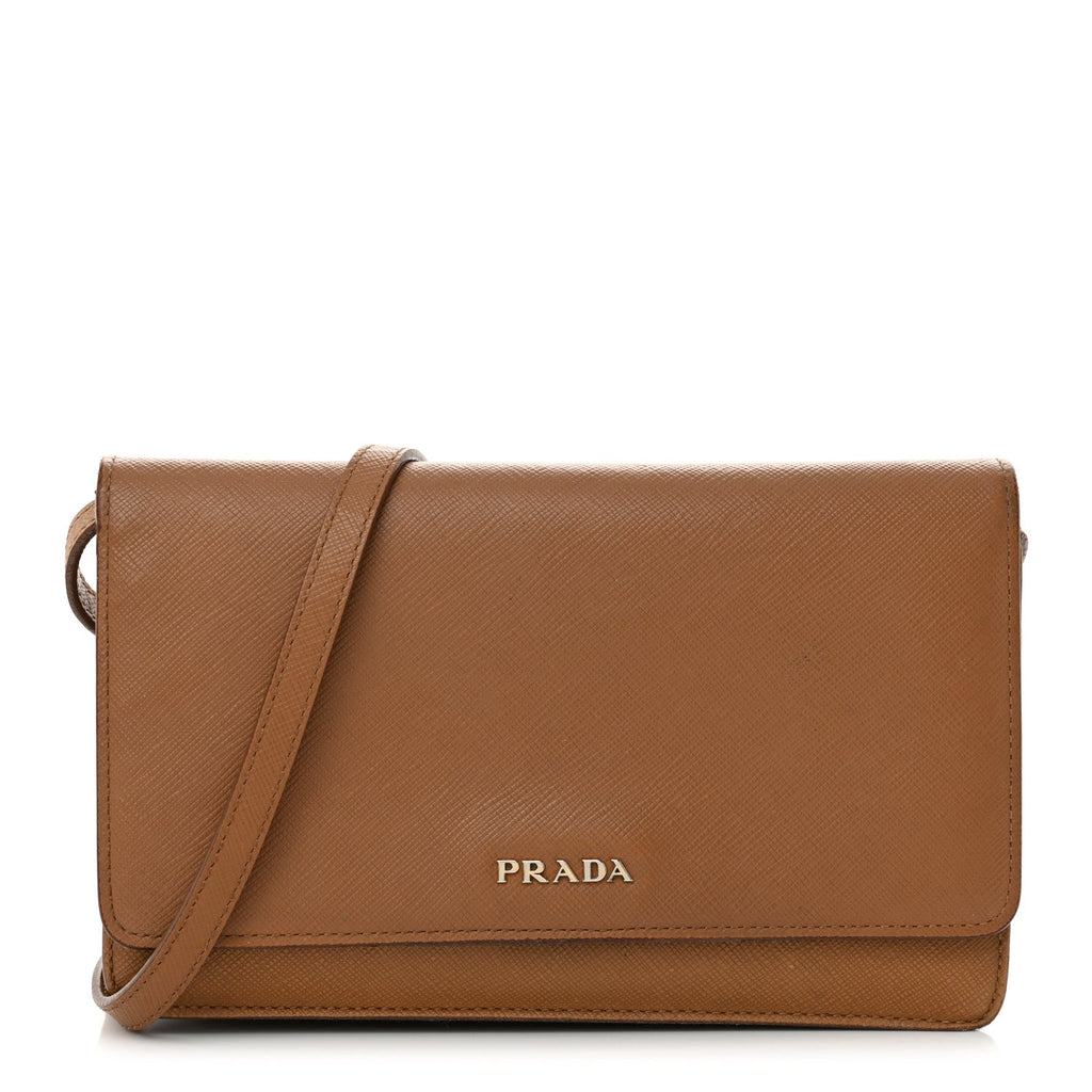 Saffiano Metal Flap Wallet With Strap Caramel