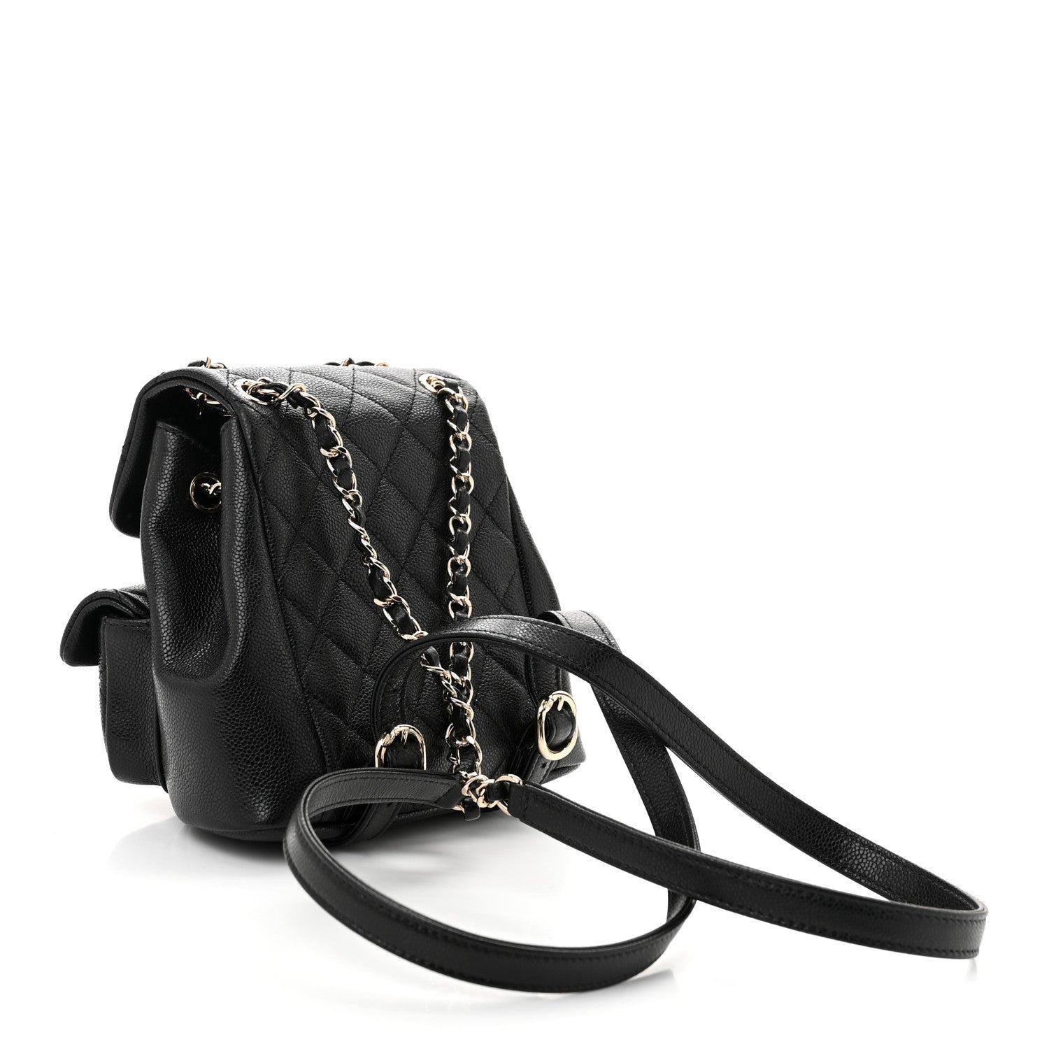 Shiny Caviar Quilted Small Duma Pockets Drawstring Backpack Black