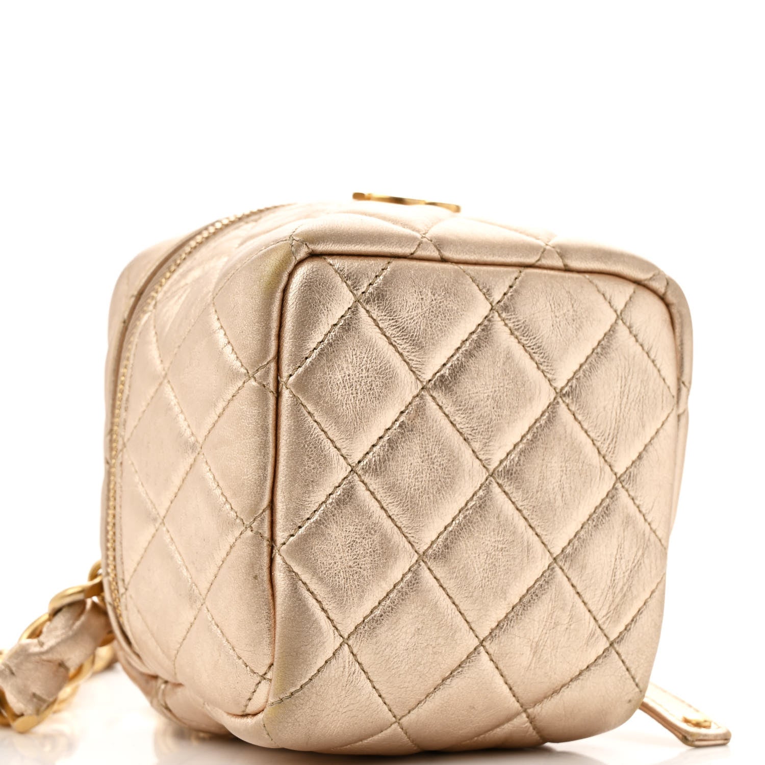 Metallic Lambskin Quilted Cube Chain Wristlet Case Gold
