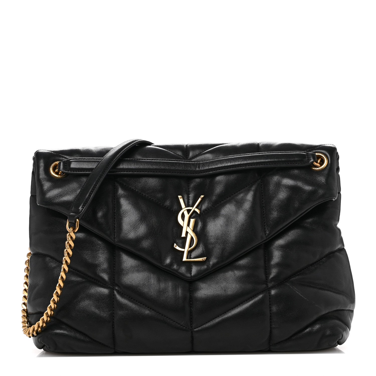 Lambskin Quilted Medium Loulou Puffer Monogram Chain Satchel Black