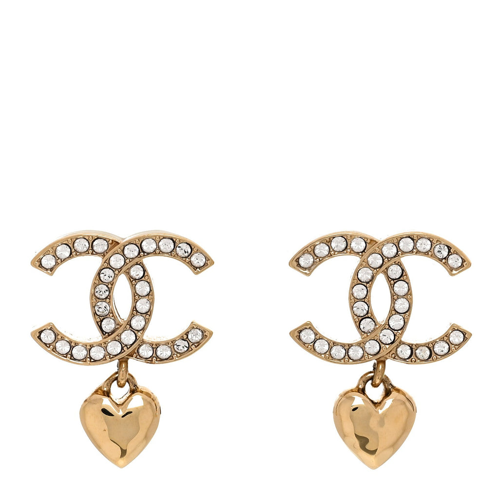 Metal Crystal CC Heart Drop Earrings Gold