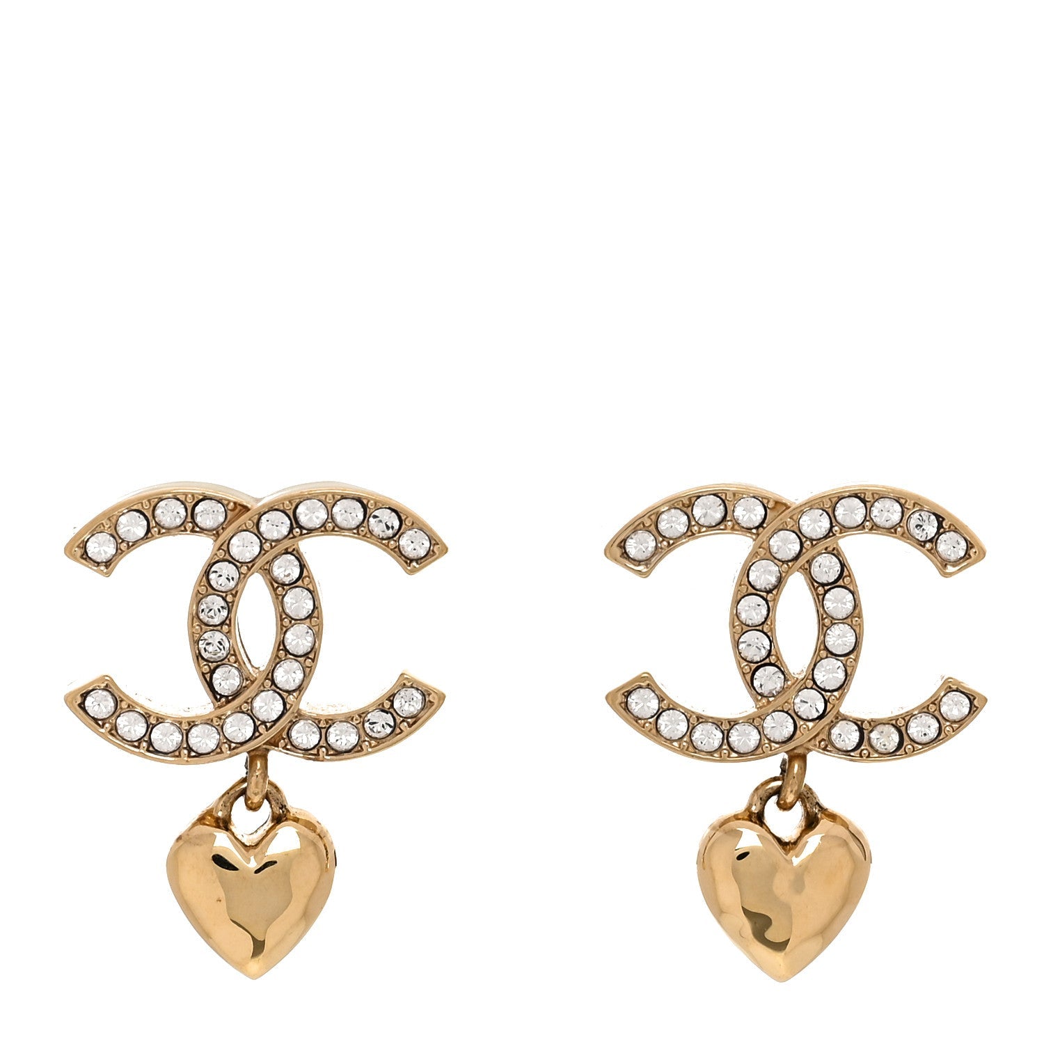 Metal Crystal CC Heart Drop Earrings Gold