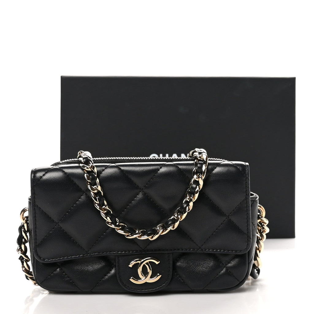 Lambskin Quilted Resin Bi-Color Flap Phone Holder With Chain Black