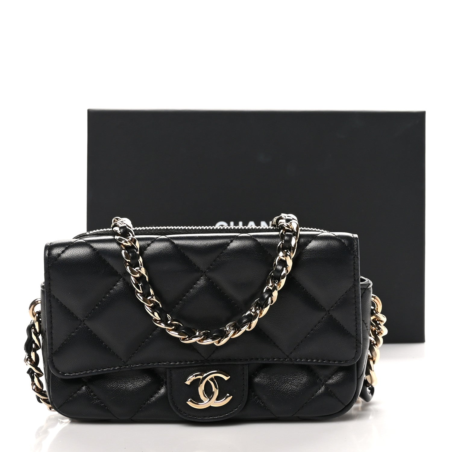 Lambskin Quilted Resin Bi-Color Flap Phone Holder With Chain Black