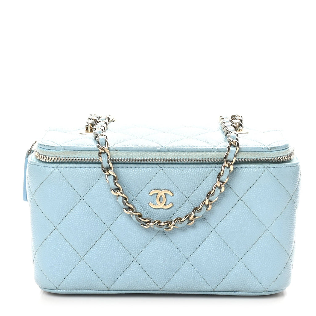 Caviar Quilted Small Tiny CC Vanity Case With Chain Light Blue