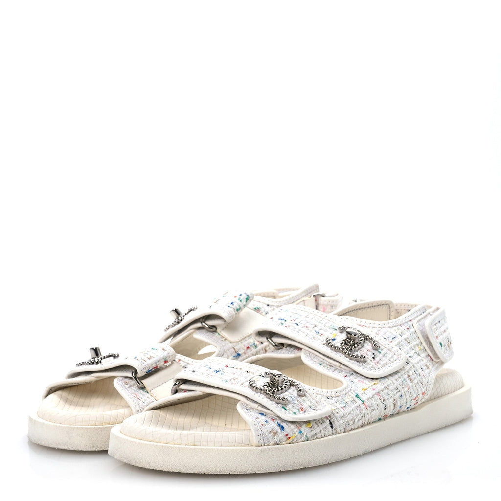 Tweed Lambskin Dad Sandals 39 White Multicolor