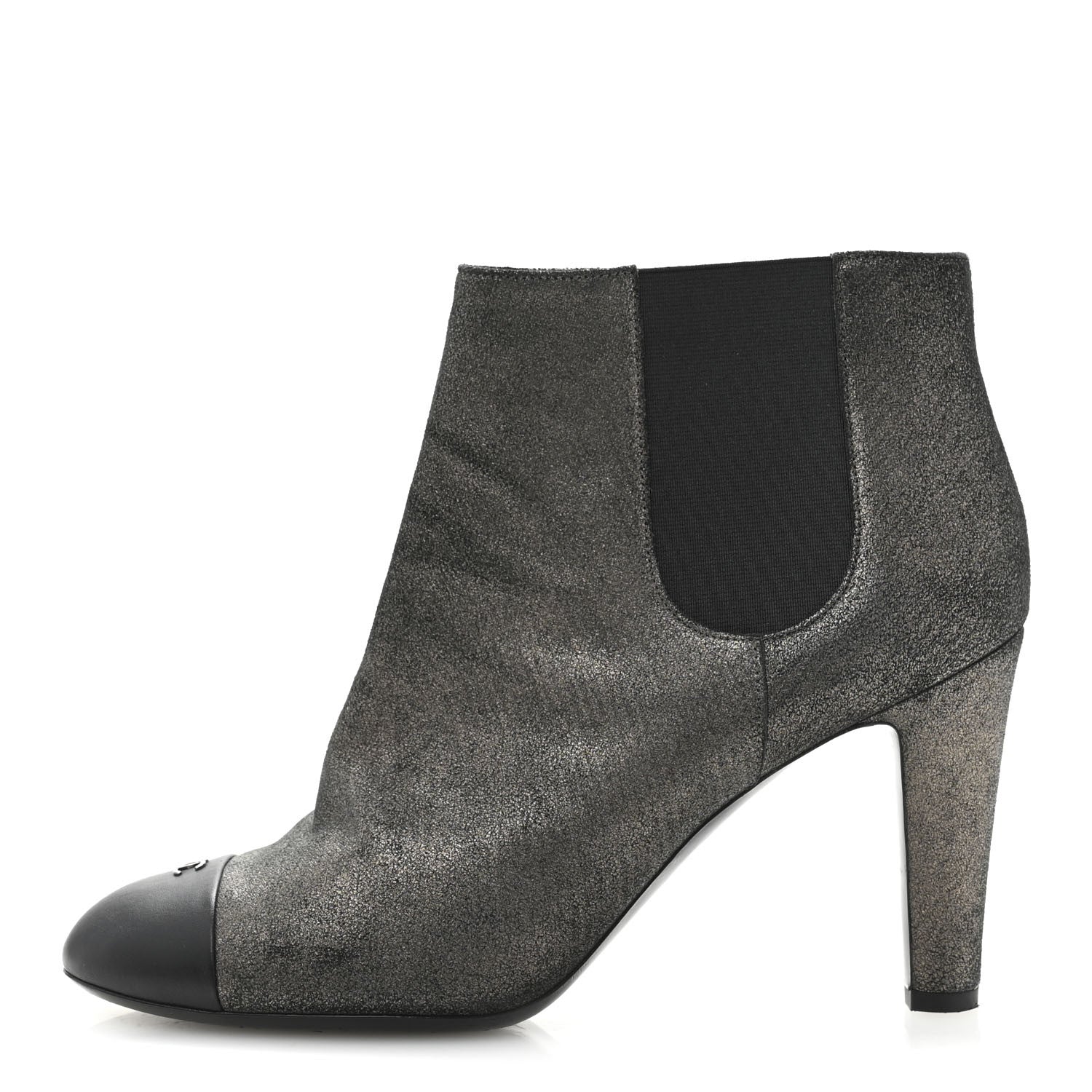 Embossed Lambskin Calfskin CC Cap Toe Ankle Boots 40 Argent Fonce Black