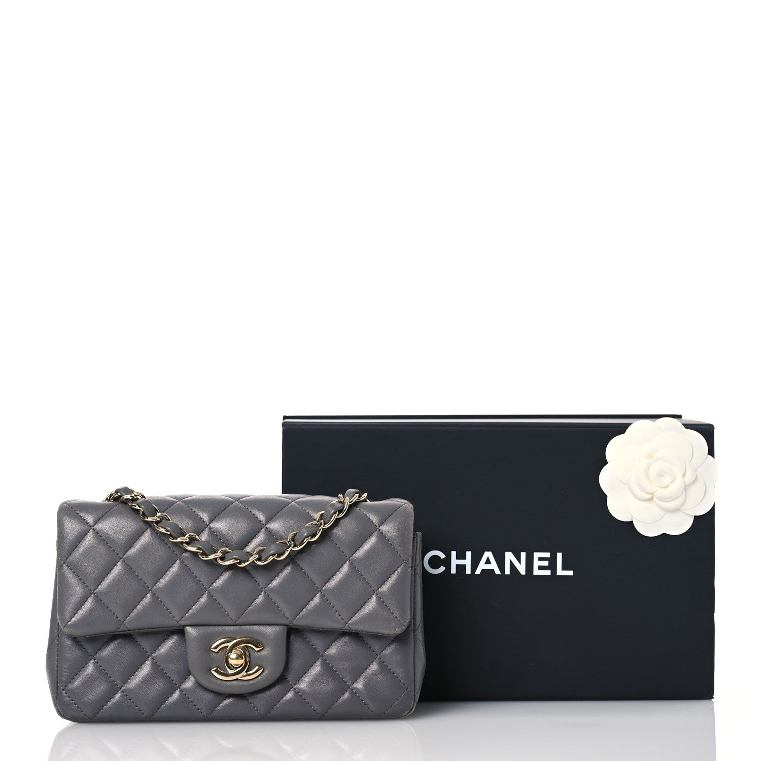Lambskin Quilted Mini Rectangular Flap Dark Grey