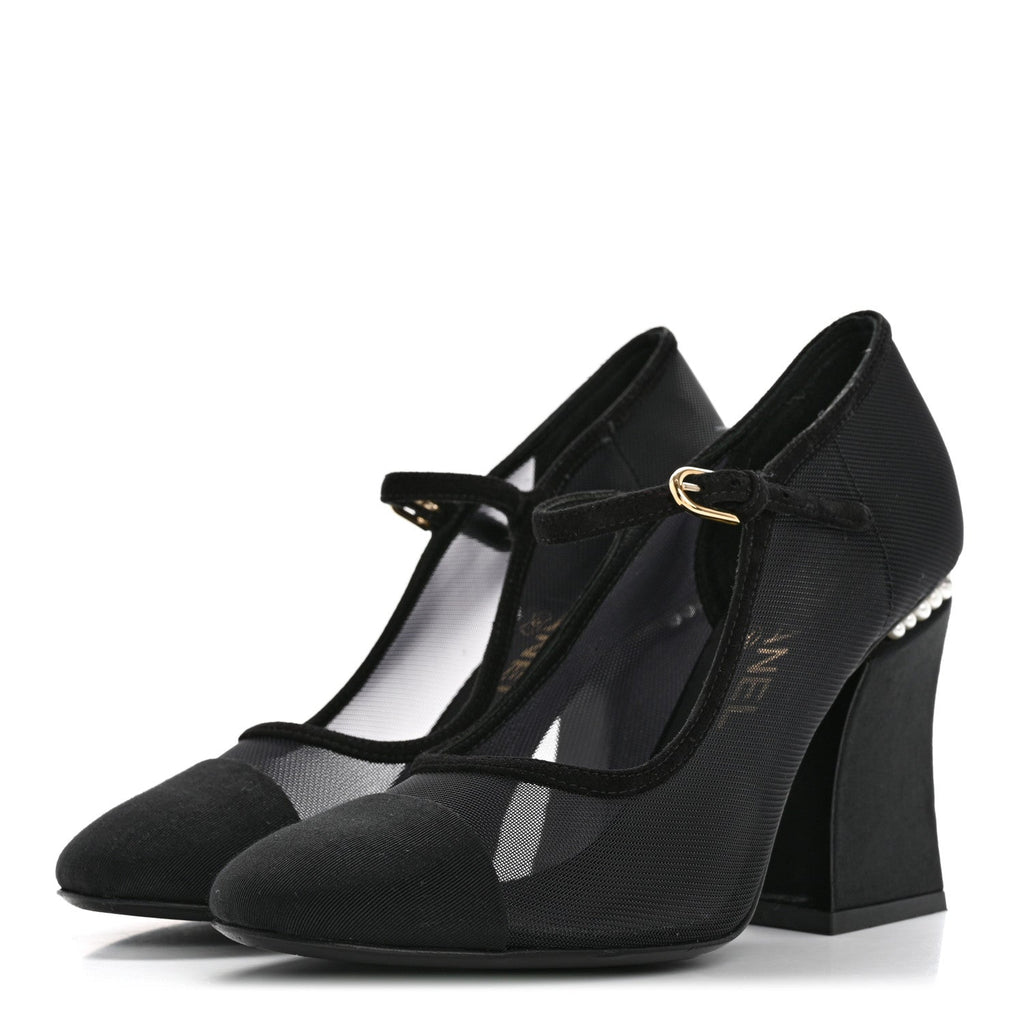 Mesh Suede Grosgrain Pearls Cap Toe Mary Jane Pumps  37.5 Black